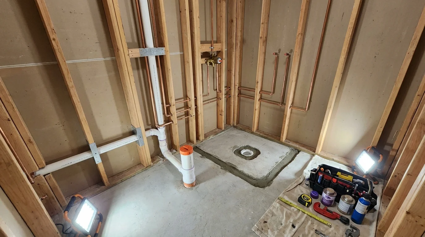 Bathroom rough-in plumbing during remodel by Johns Plumbing LLC in West Jordan