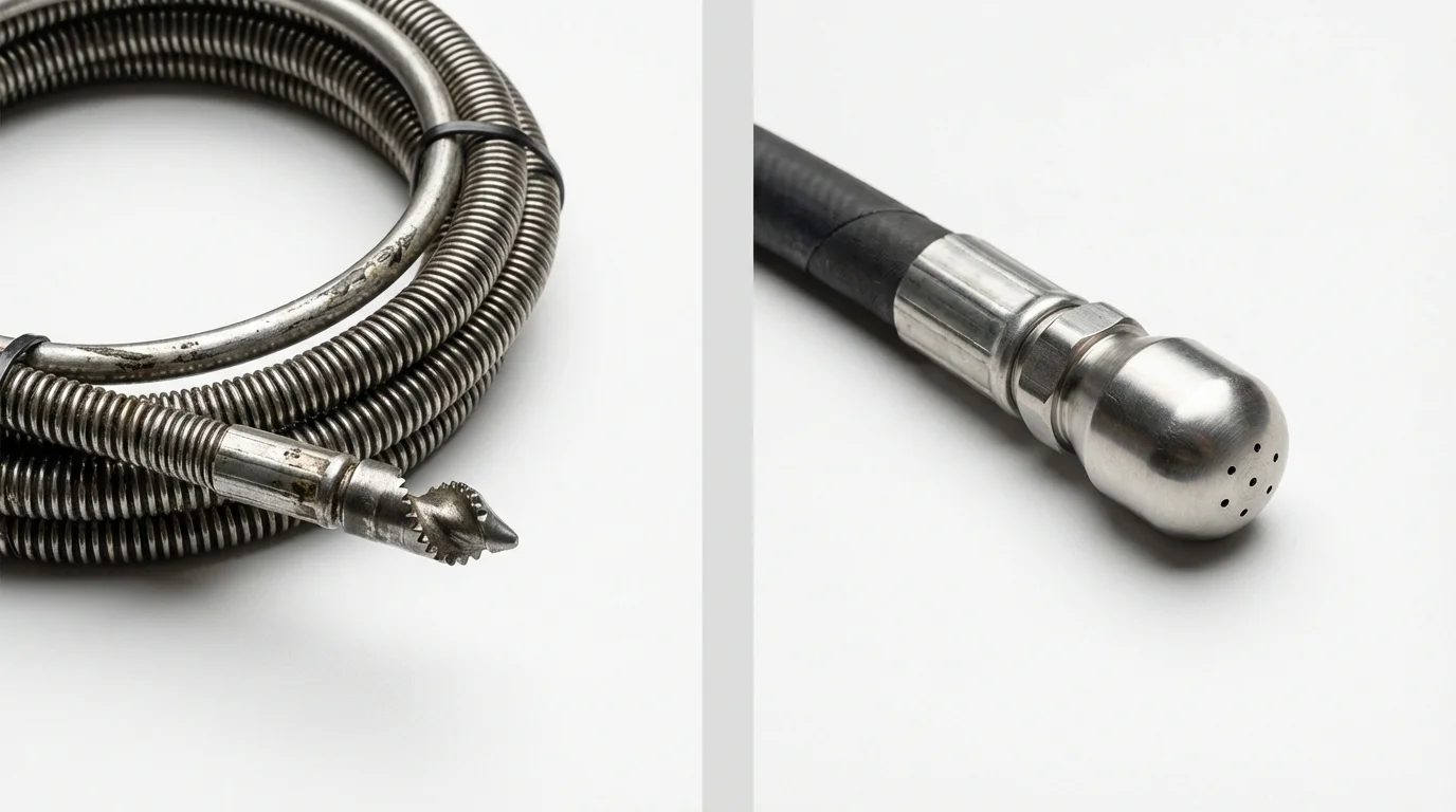 Drain snake cable and hydro jetting nozzle used for drain cleaning in West Jordan, UT