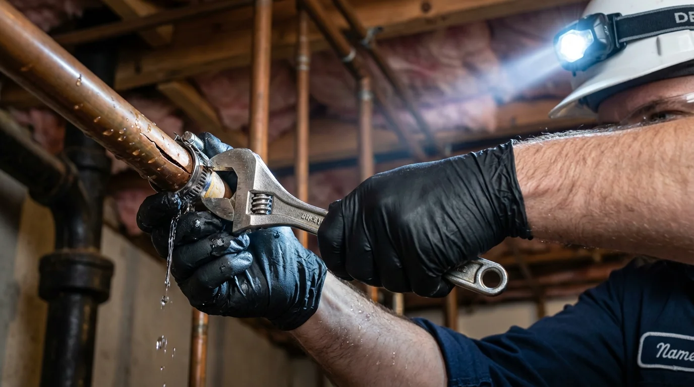 Emergency pipe clamp repair being performed by a Johns Plumbing LLC plumber in West Jordan