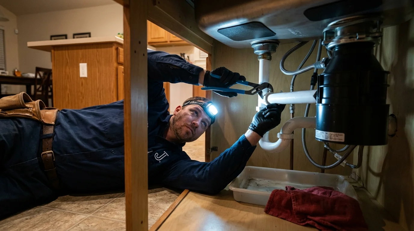 P-trap and supply line connections under a kitchen sink showing a common leak point in West Jordan, UT